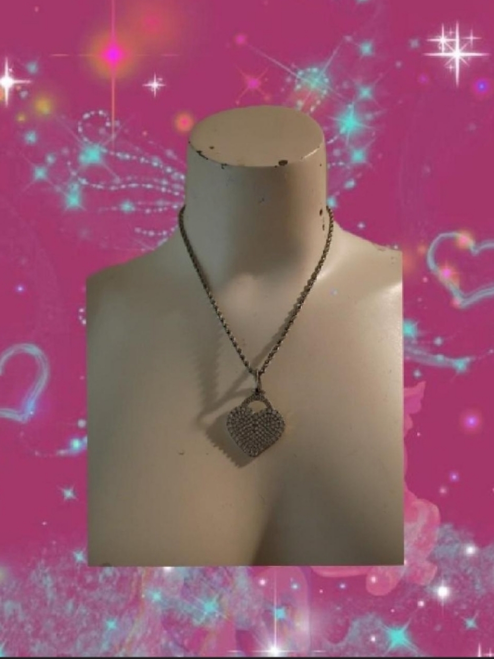 Y2K Silver Rope Chain W/Iced Out Rhineston Chunky Heart Locket Shaped Charm